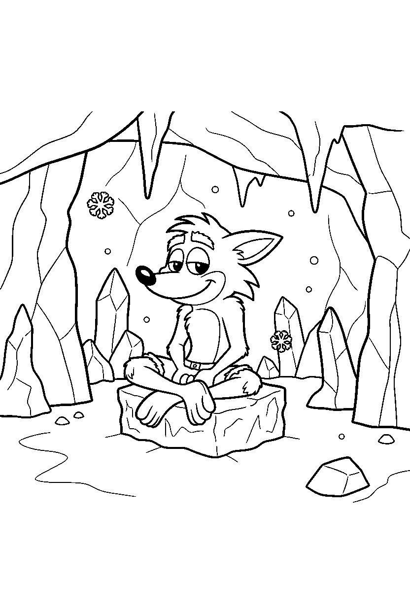crash bandicoot sitting peacefully inside an icy cave line art