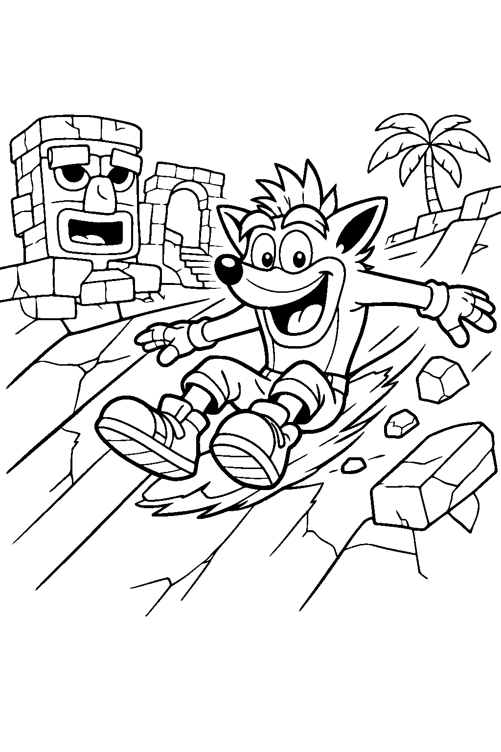 crash bandicoot sliding down a slope in the temple ruins line art