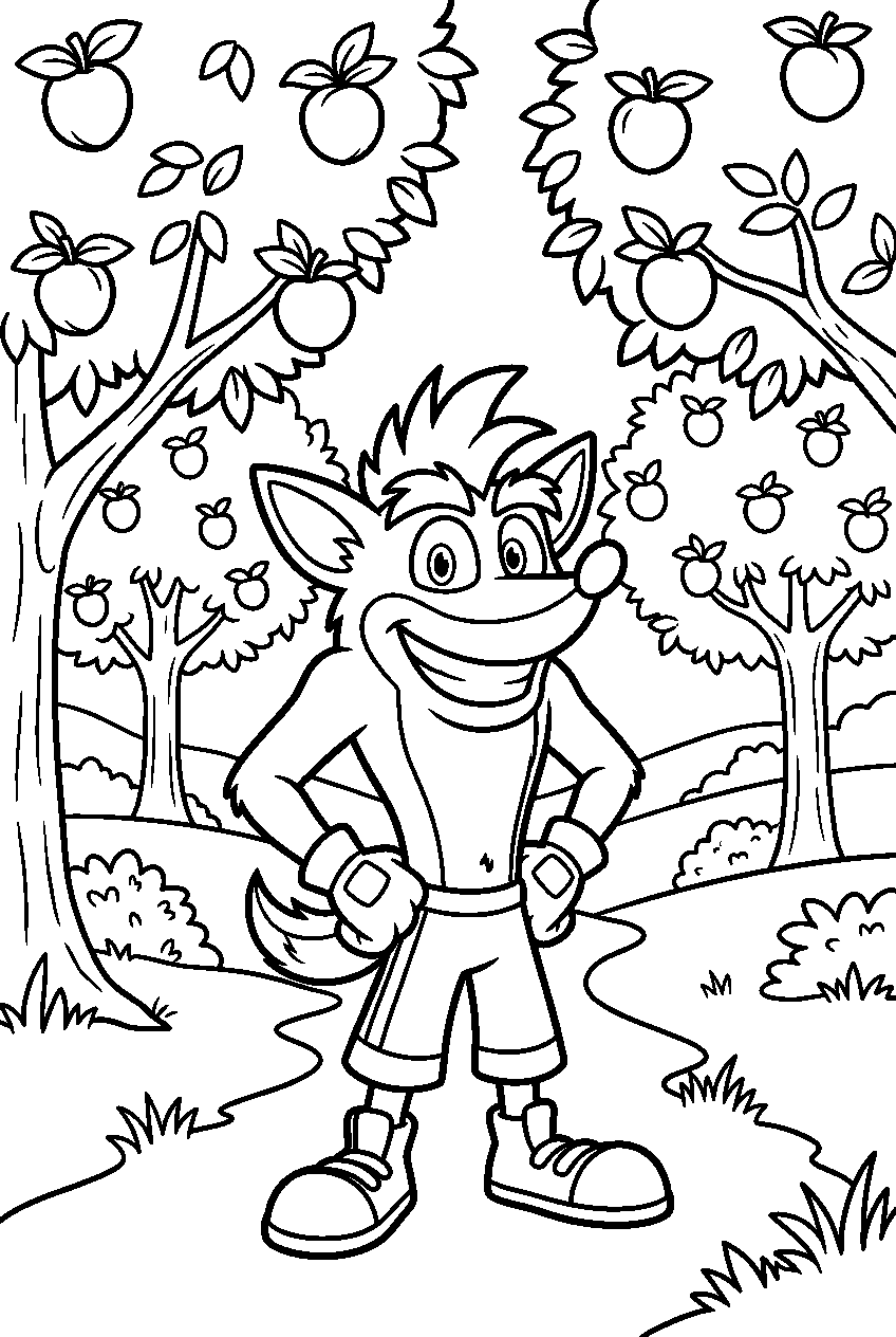 crash bandicoot smiling in wumpa fruit orchard line art