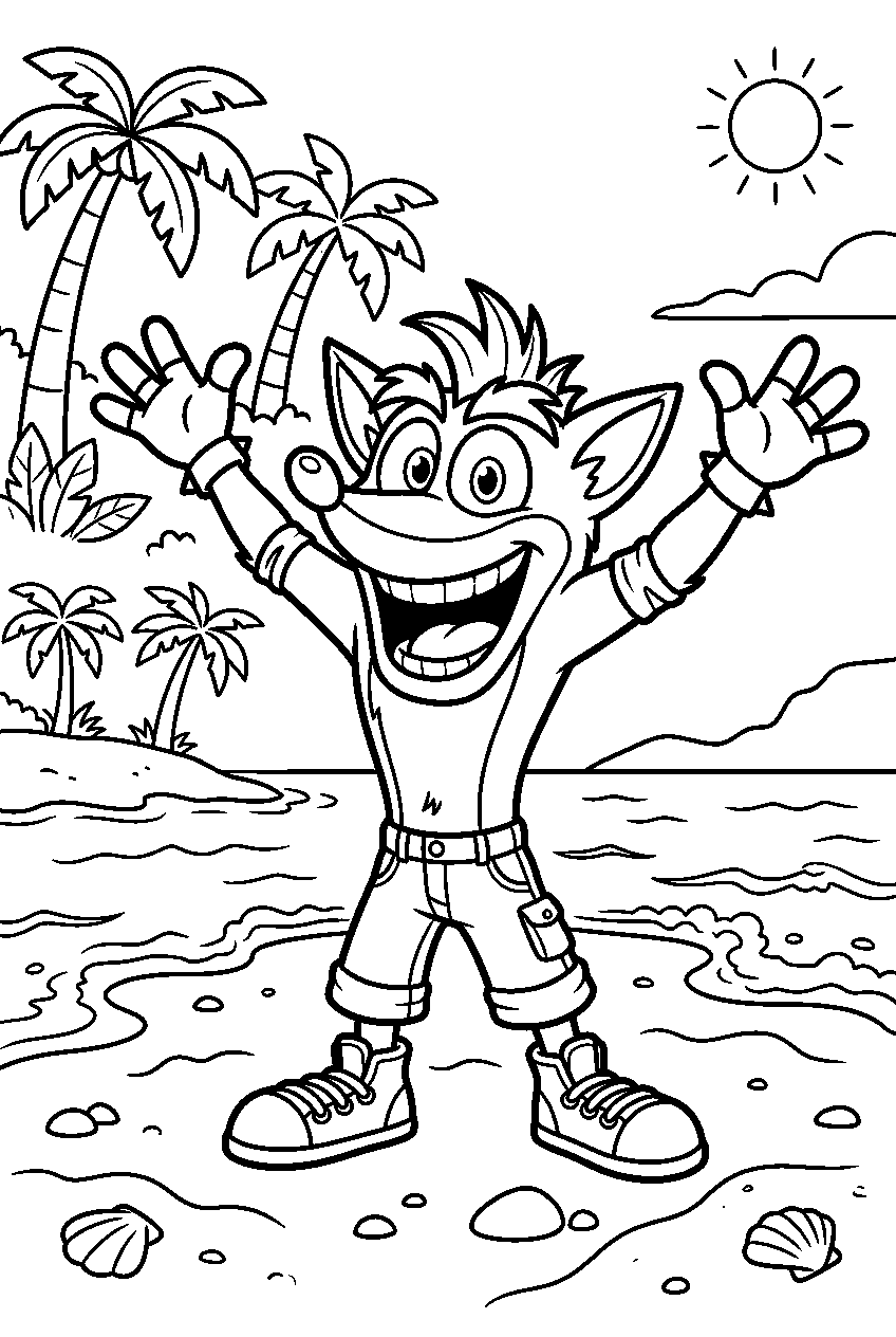 crash bandicoot smiling on island shoreline line art