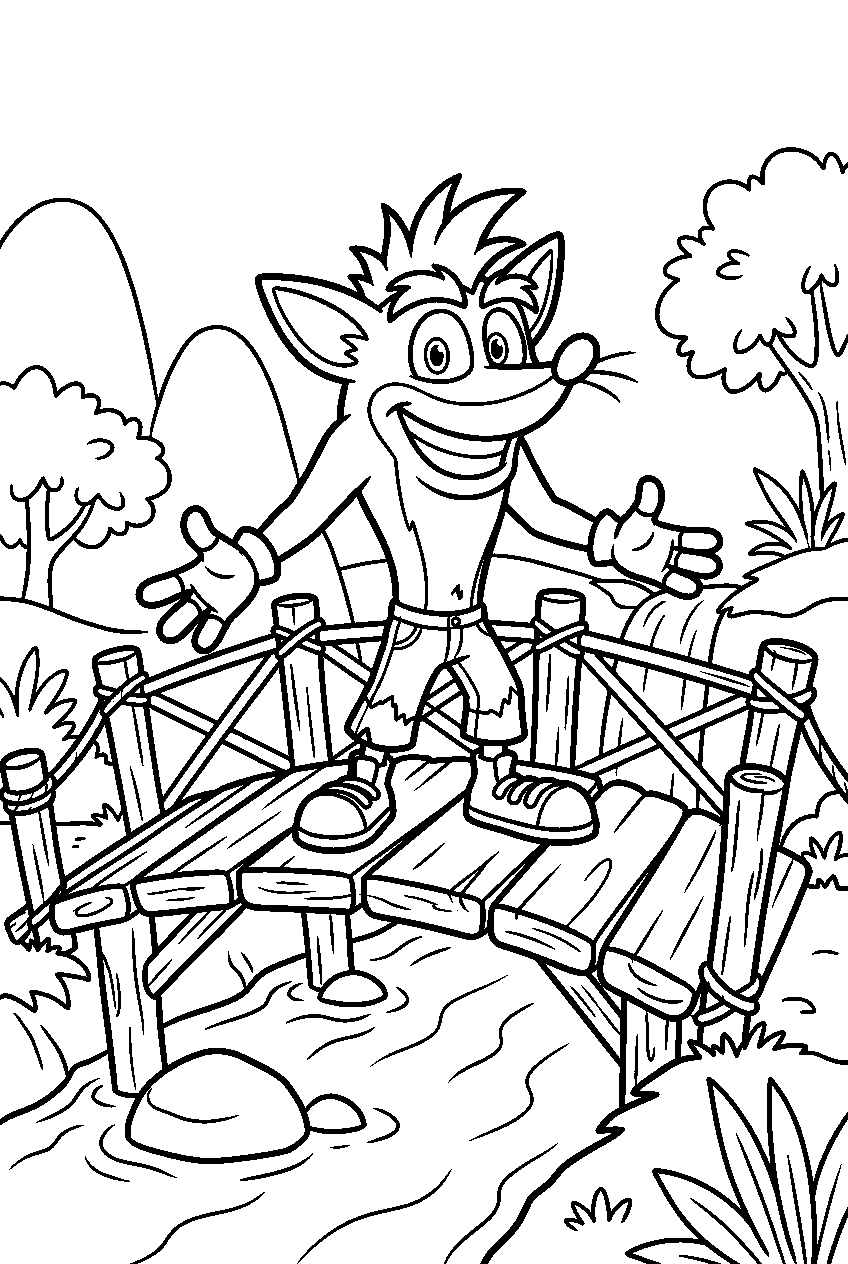 crash bandicoot smiling on wooden bridge line art