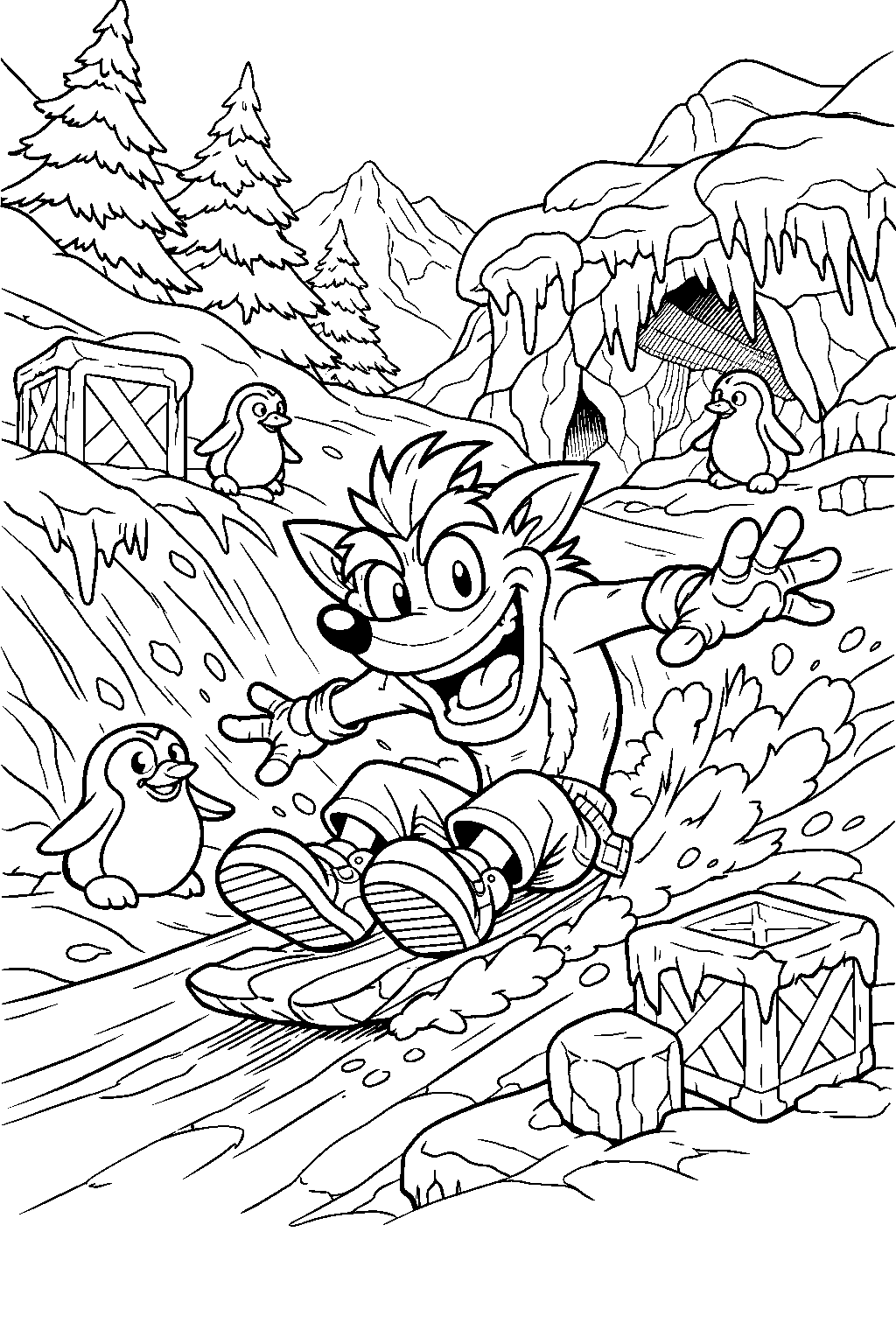 crash bandicoot snowboarding with penguins winter line art