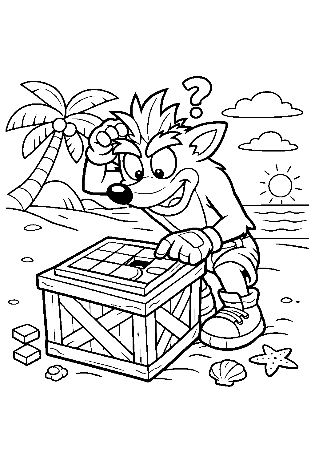 crash bandicoot solving a puzzle on the beach line art