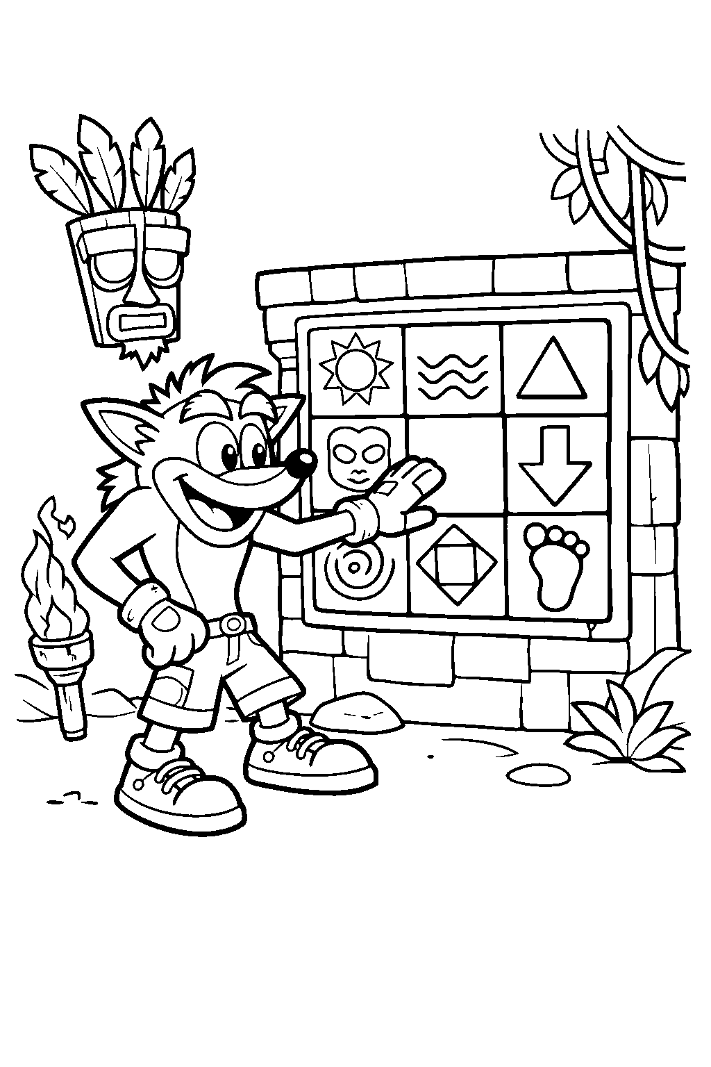 crash bandicoot solving a temple puzzle in the jungle line art