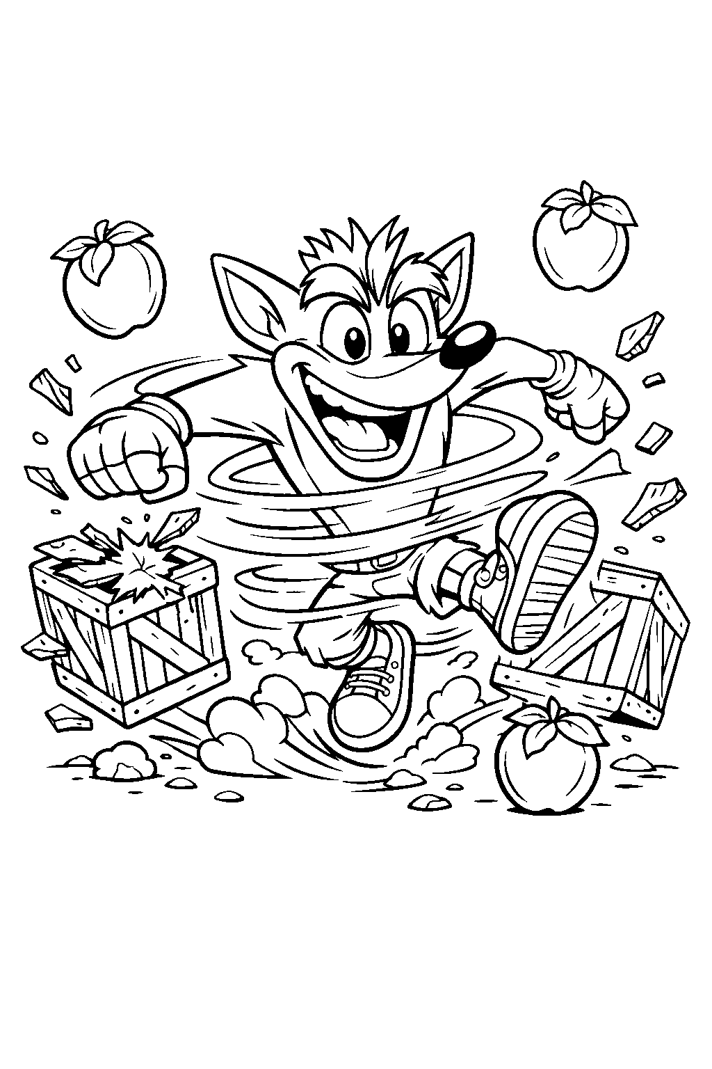 crash bandicoot spinning breaking crates wumpa fruit line art