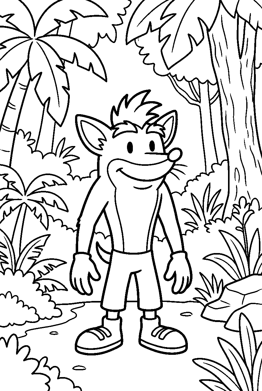 crash bandicoot standing calmly in tropical rainforest line art