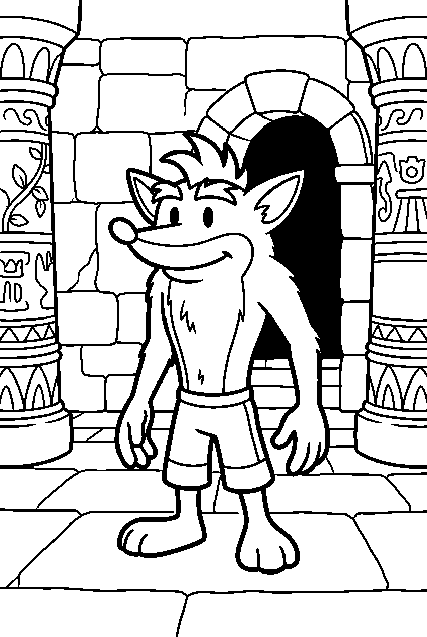 crash bandicoot standing calmly inside ancient temple line art