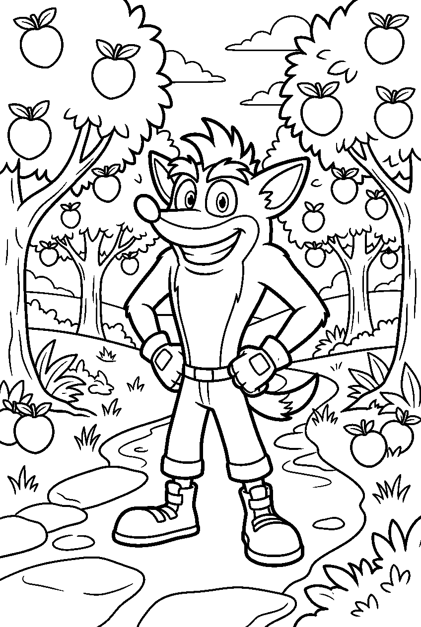 crash bandicoot standing confidently in wumpa fruit orchard line art