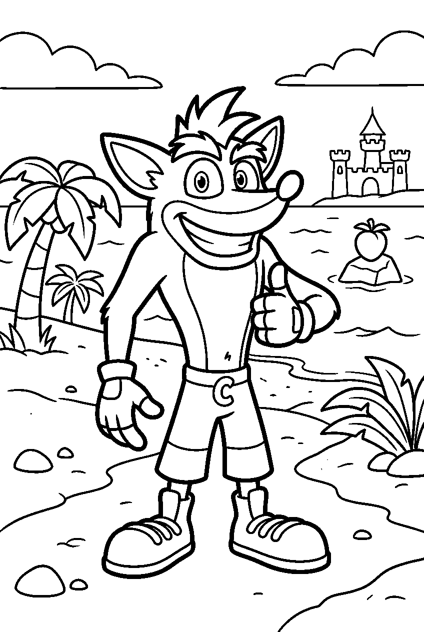 crash bandicoot standing confidently on n sanity island beach line art