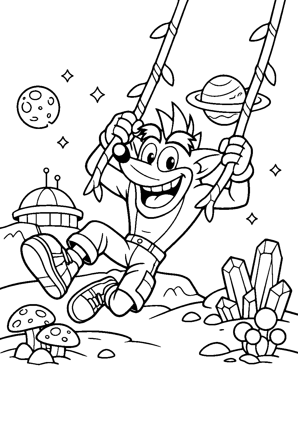 crash bandicoot swinging on vines on an alien planet line art
