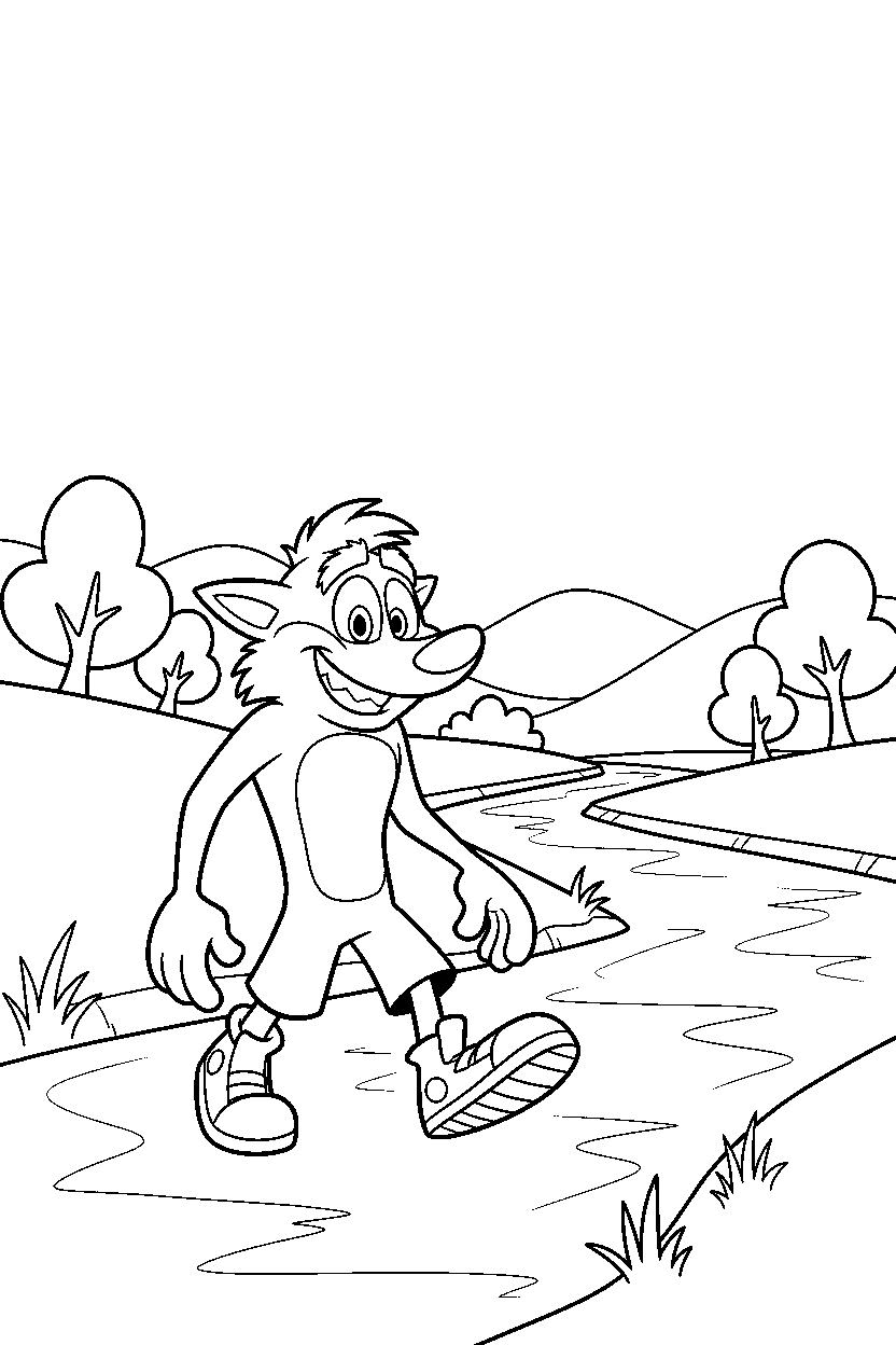 crash bandicoot walking by river line art