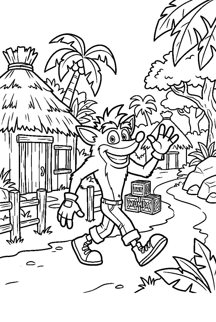 crash bandicoot walking in jungle village line art