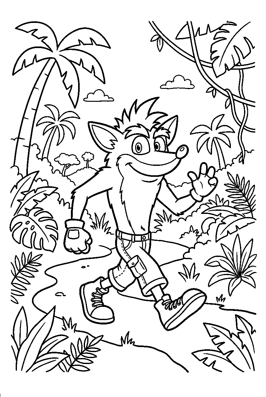 crash bandicoot walking in tropical rainforest line art