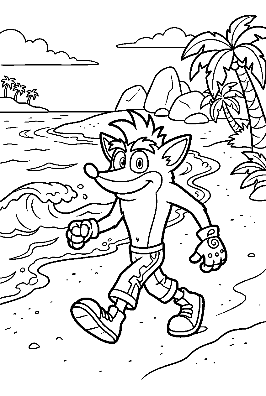 crash bandicoot walking on n sanity island beach line art