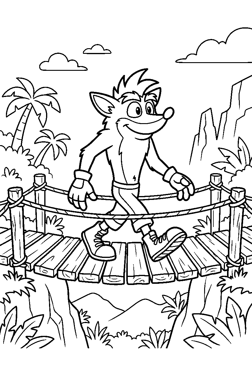 crash bandicoot walking on wooden bridge line art