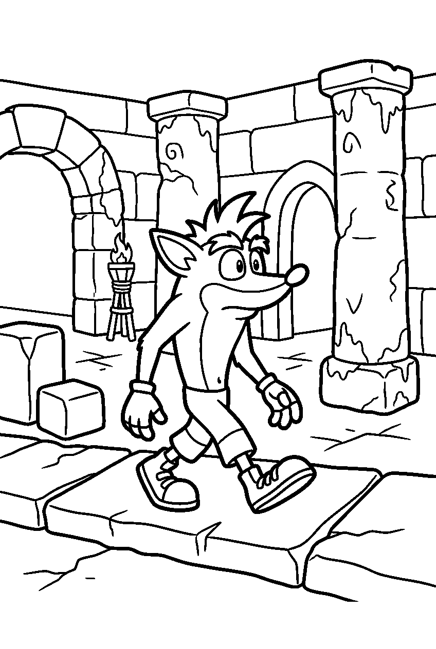 crash bandicoot walking slowly inside ancient temple line art