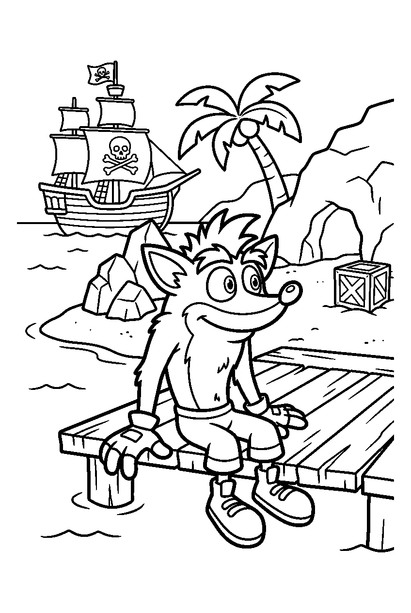 crash bandicoot watching in pirate cove line art