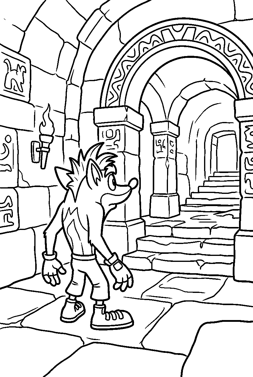 crash bandicoot watching inside ancient temple line art