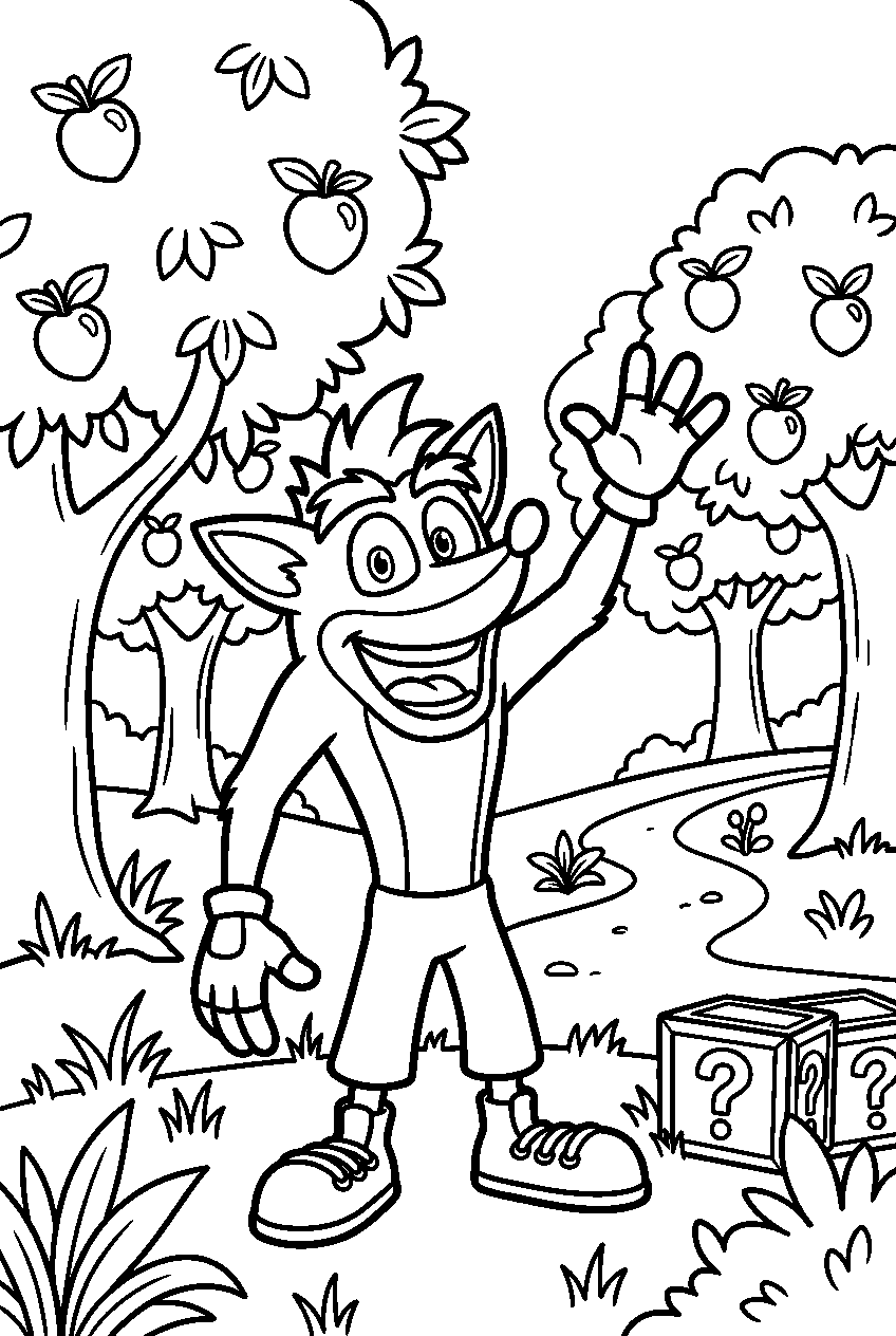crash bandicoot waving in wumpa fruit orchard line art