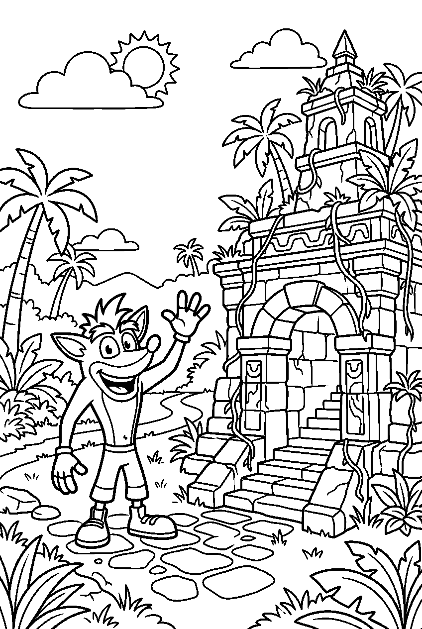 crash bandicoot waving near ancient temple ruins line art