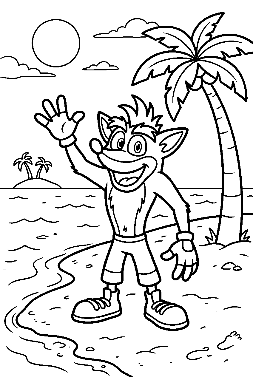 crash bandicoot waving on island shoreline line art