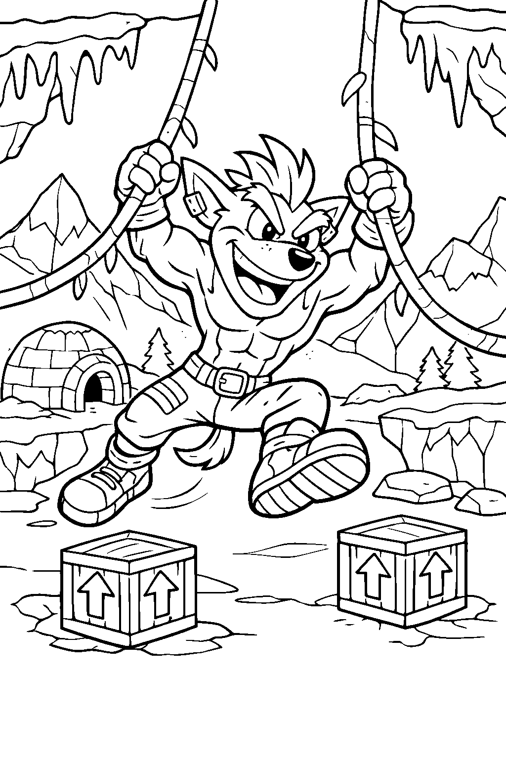 crunch bandicoot swinging on vines frozen tundra line art