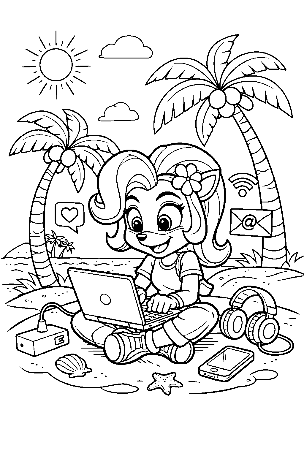 coco bandicoot working on laptop beach line art