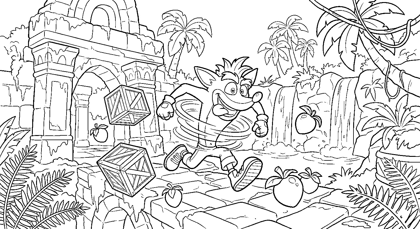 crash bandicoot jungle ruins line art