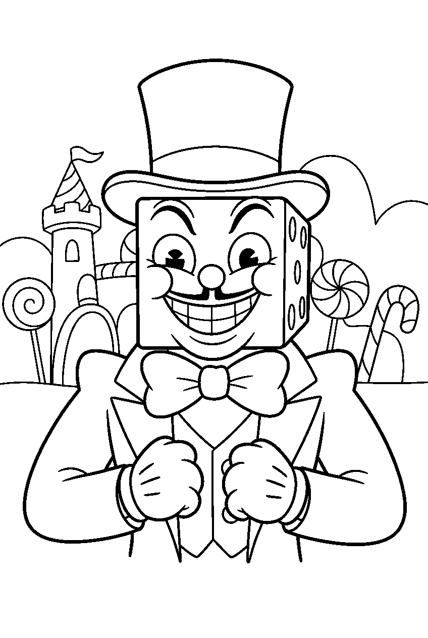 cuphead king dice in baroness von bon bon candy kingdom line art