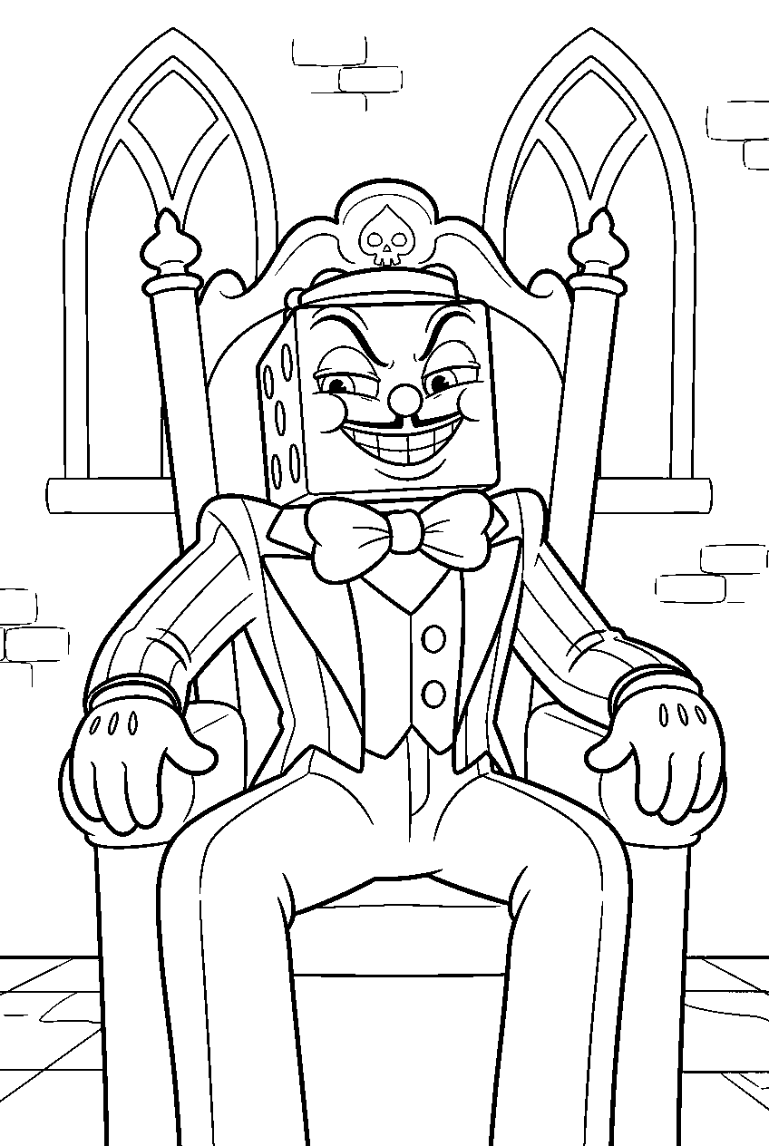 cuphead king dice in devil throne room line art