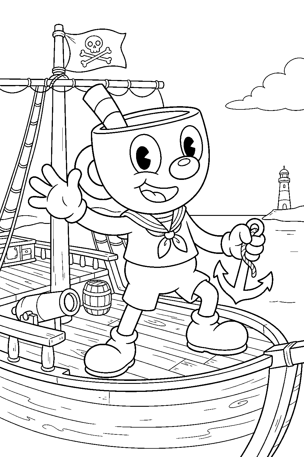 cuphead mugman on pirate ship line art