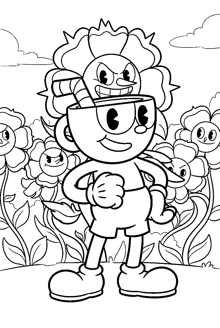cuphead in cagney carnation flower field line art