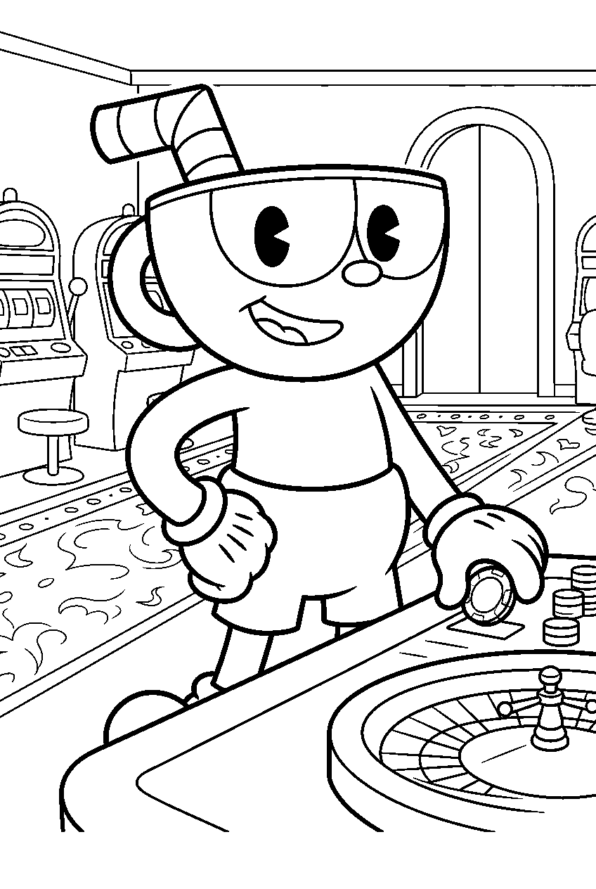 cuphead in casino gaming hall line art