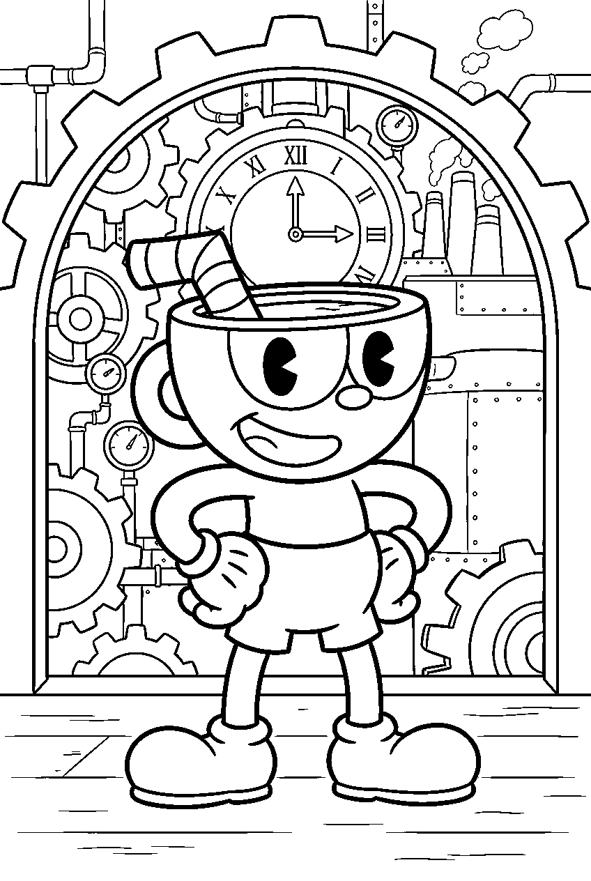 cuphead in clockwork factory line art