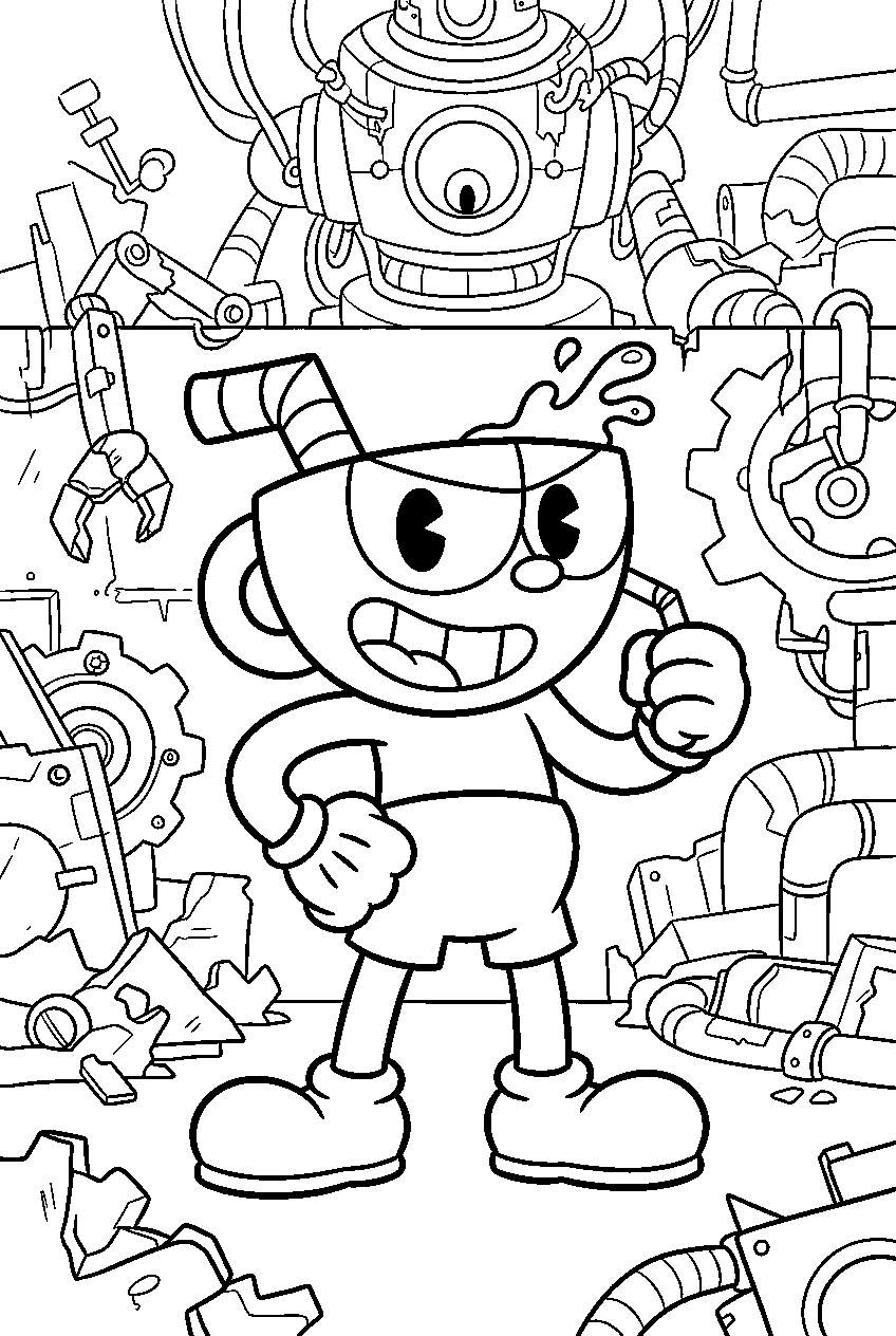 cuphead in dr kahl junkyard line art