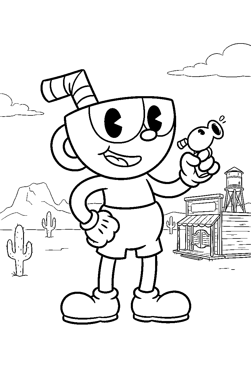 cuphead in esther winchester desert town line art