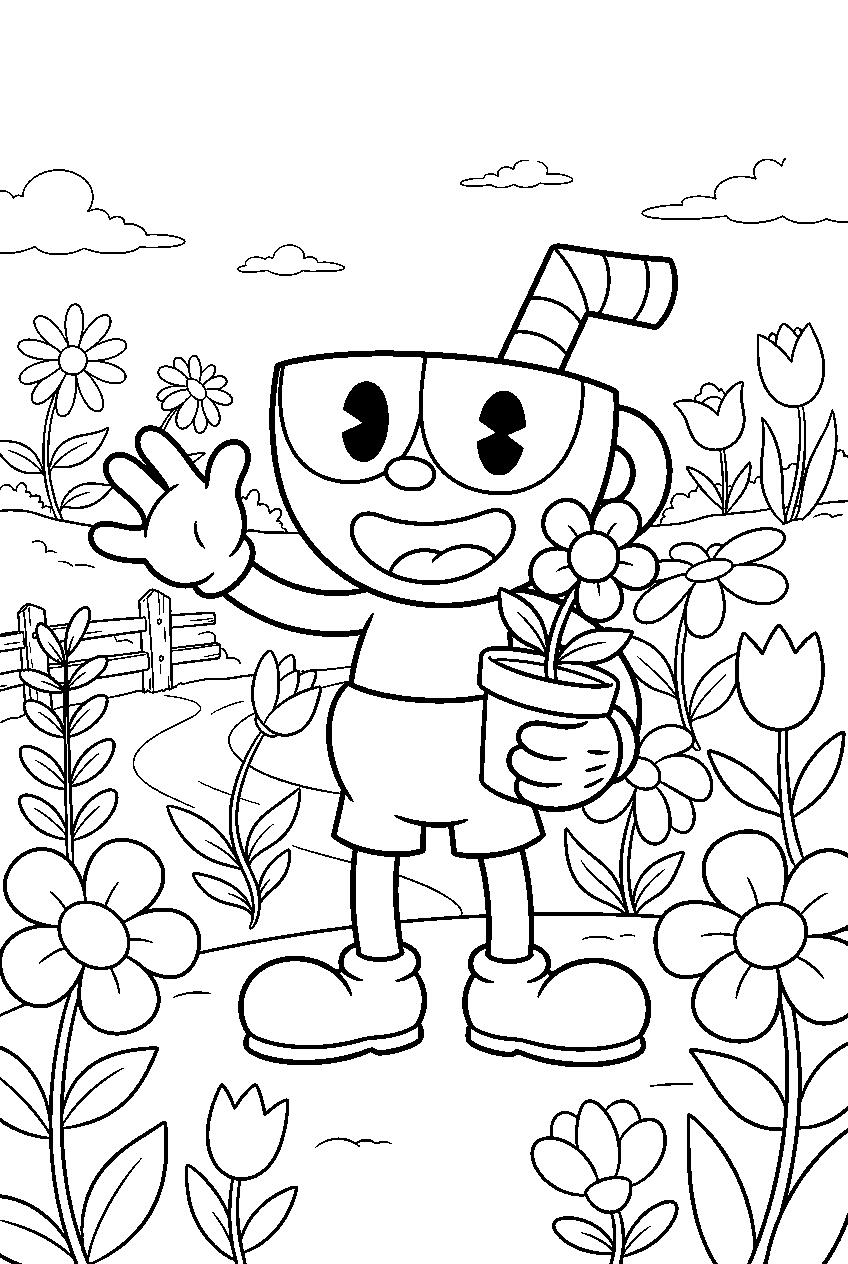cuphead in flower garden line art
