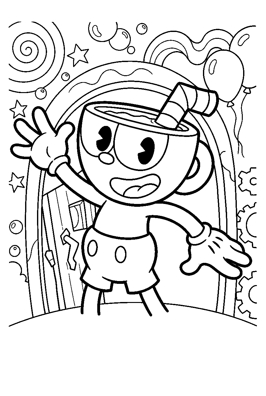 cuphead in funhouse frazzle line art