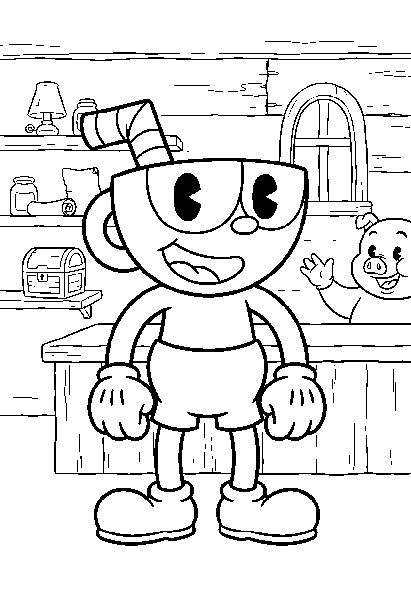 cuphead in porkrind shop line art