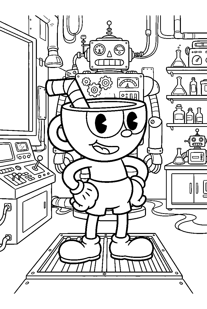 cuphead in robot laboratory line art