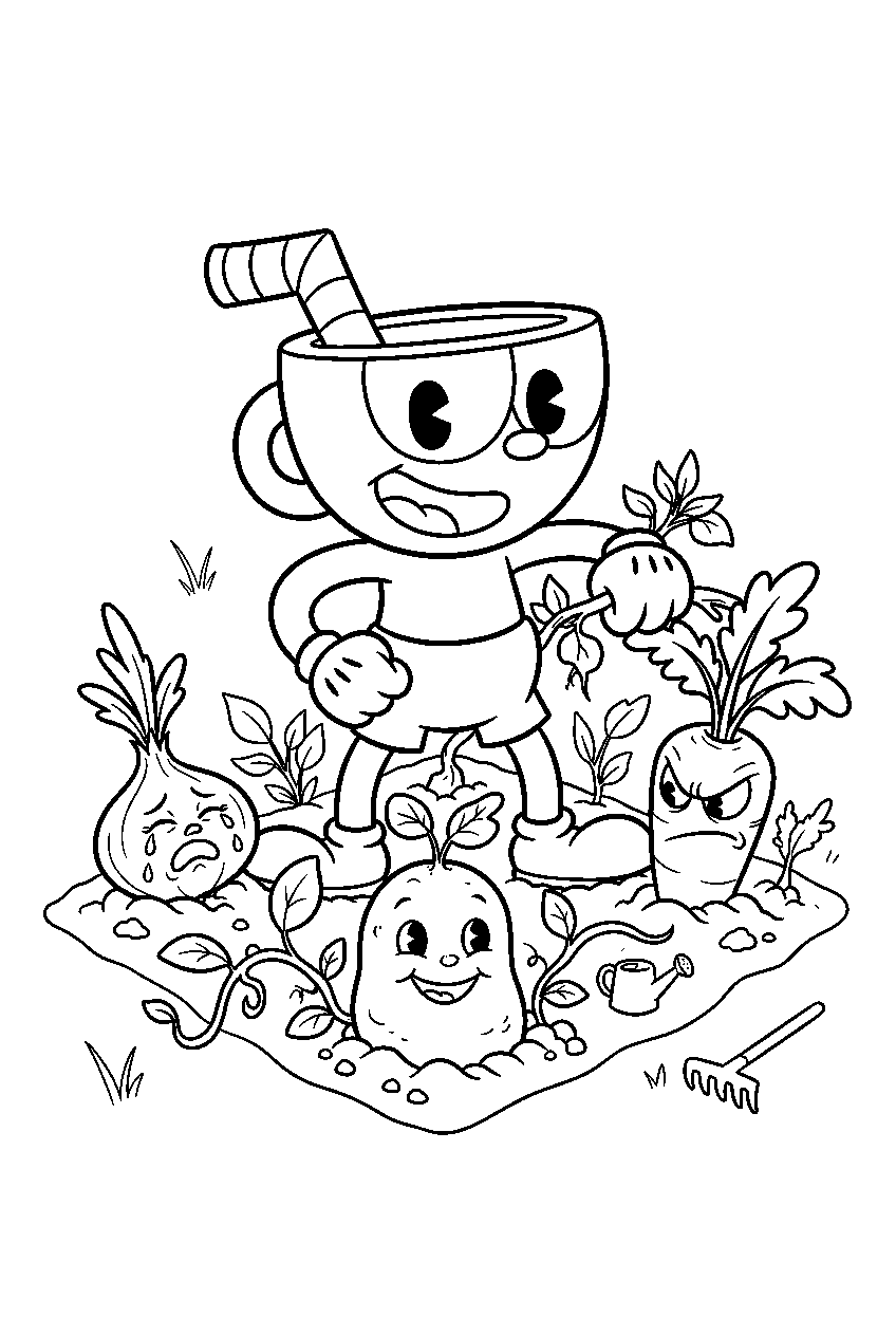 cuphead in root pack garden line art
