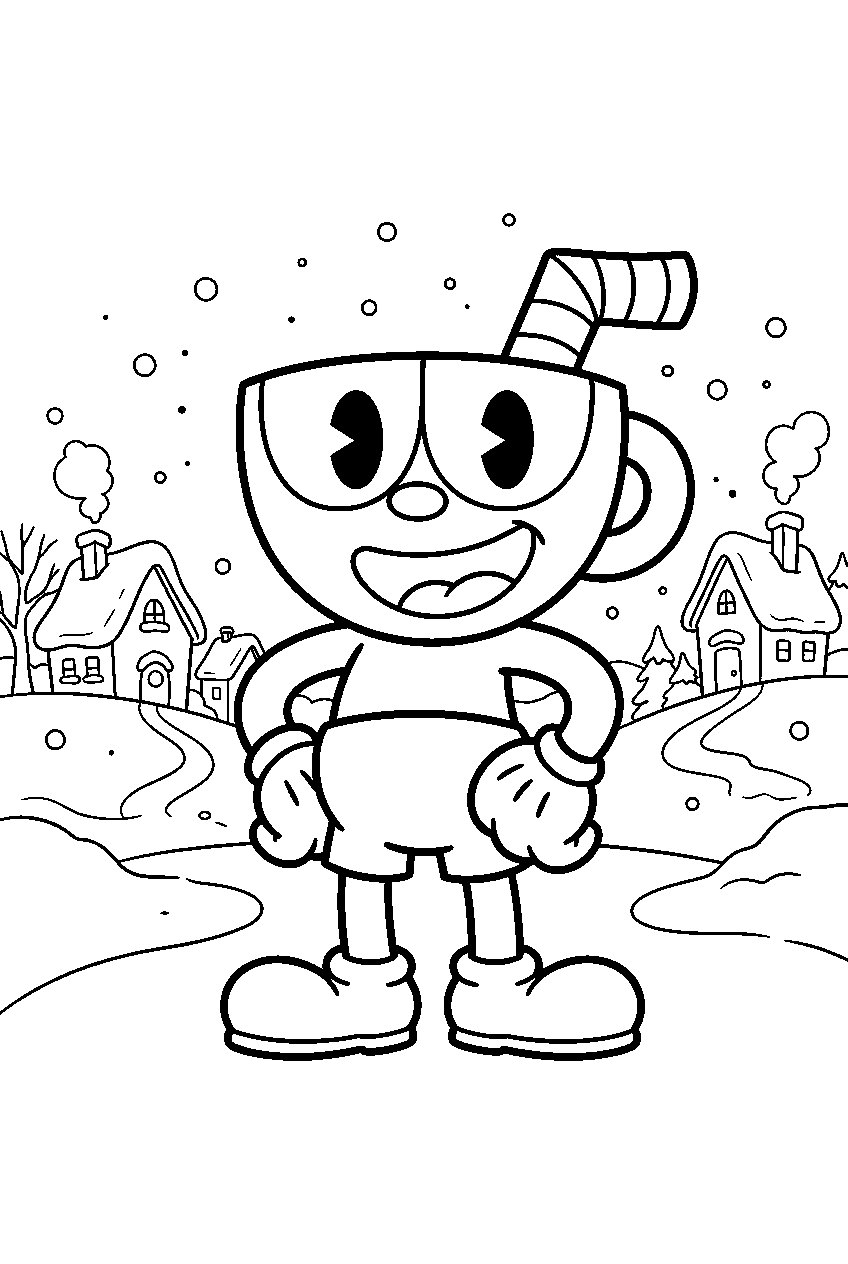 cuphead in snowy village line art