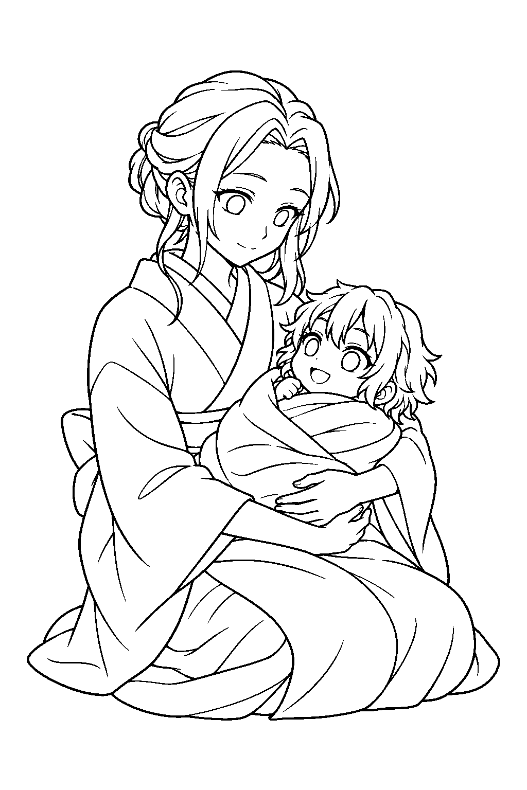 baby inosuke resting in kotoha hashibira s arms line art