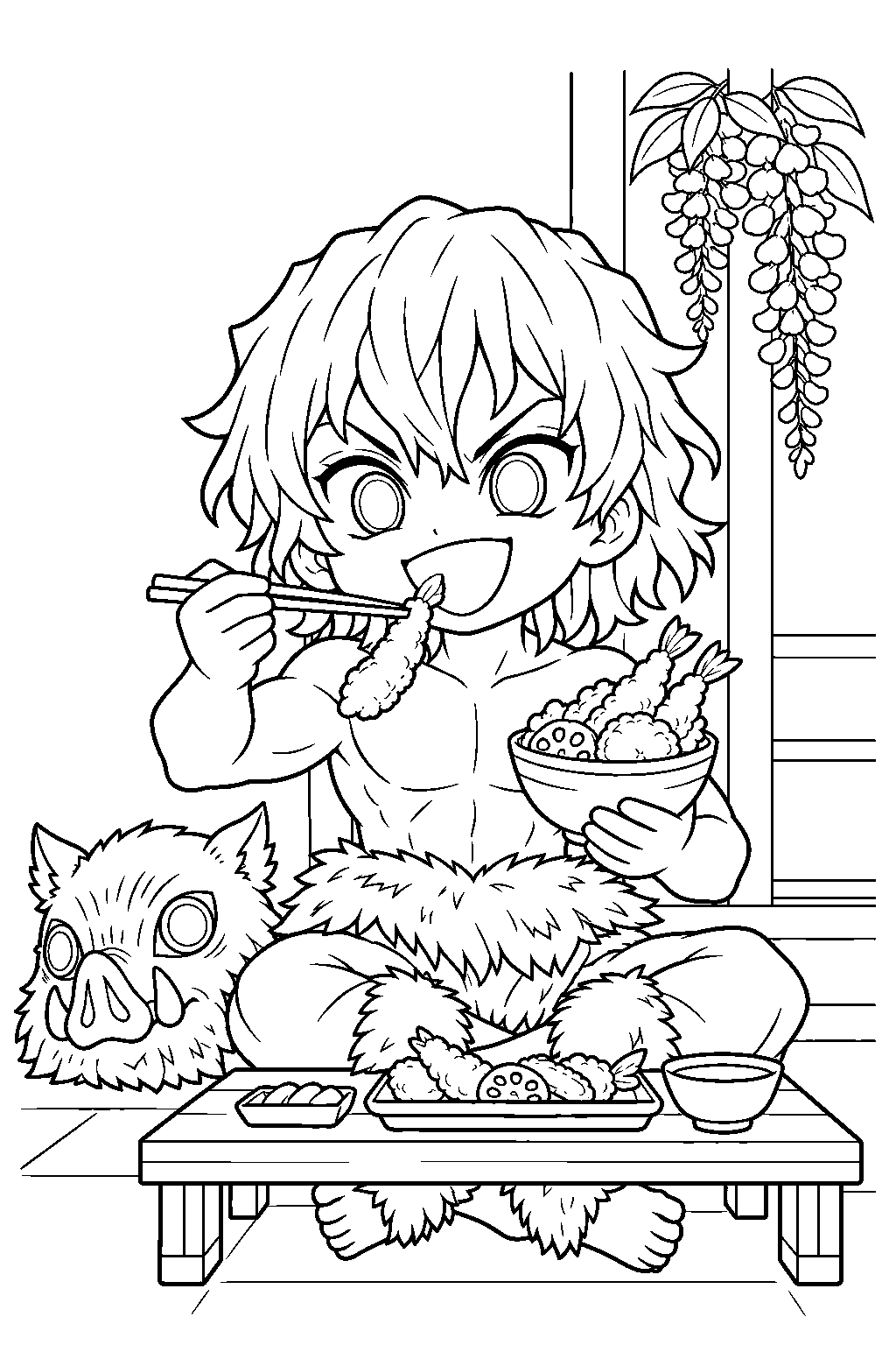 chibi inosuke eating tempura at the wisteria crest house line art