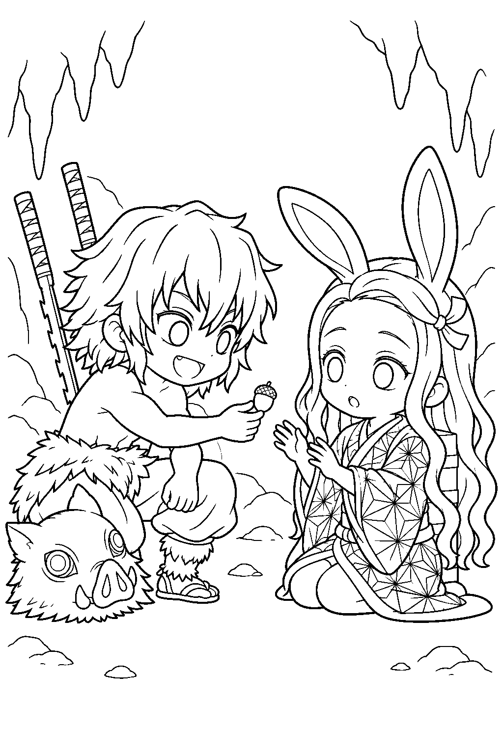 chibi inosuke offering an acorn to rabbit eared nezuko in his mugen train dream line art