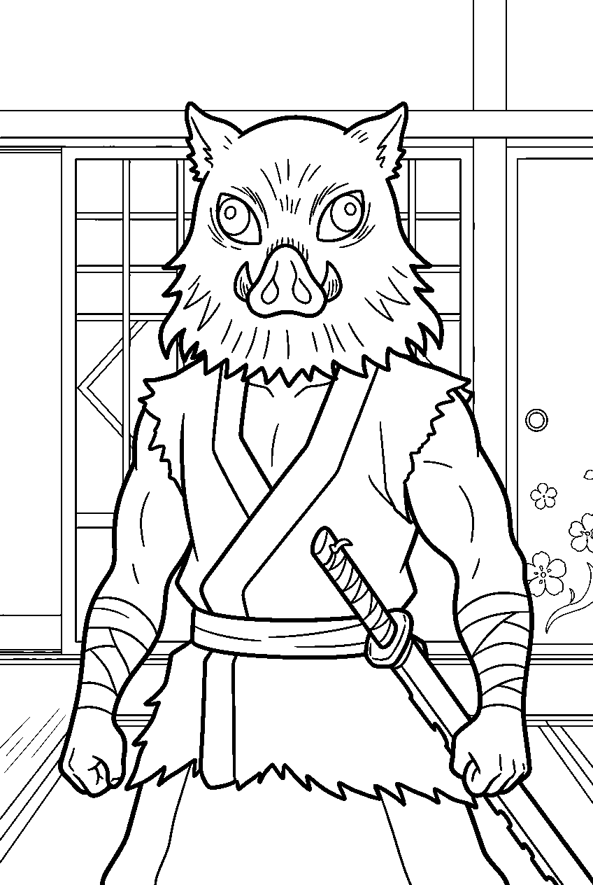 demon slayer inosuke in butterfly mansion line art