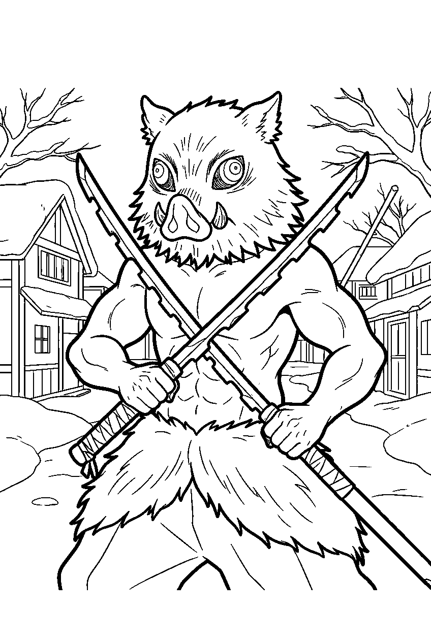 demon slayer inosuke in snowy village line art
