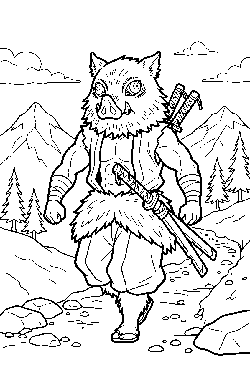 demon slayer inosuke on mountain trail line art