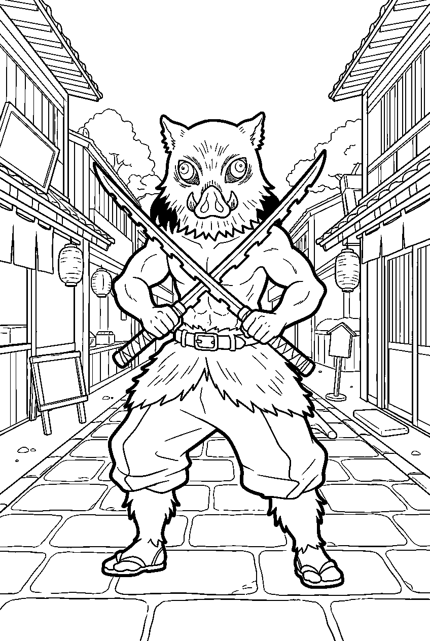 demon slayer inosuke on taisho city street line art