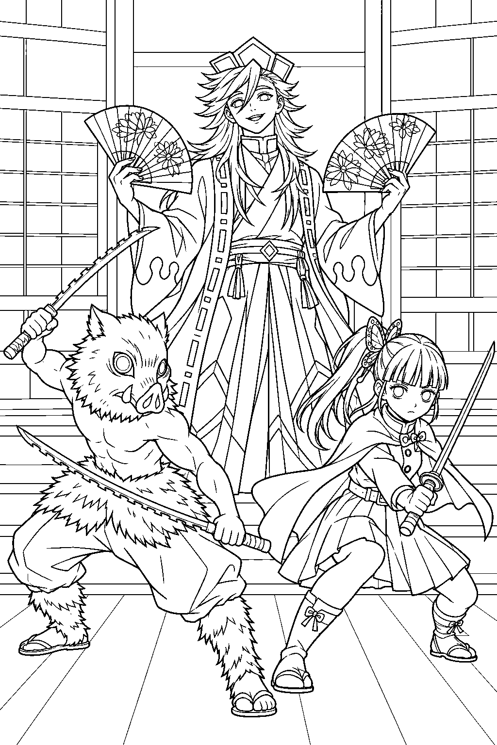 inosuke and kanao confronting doma in the infinity castle line art